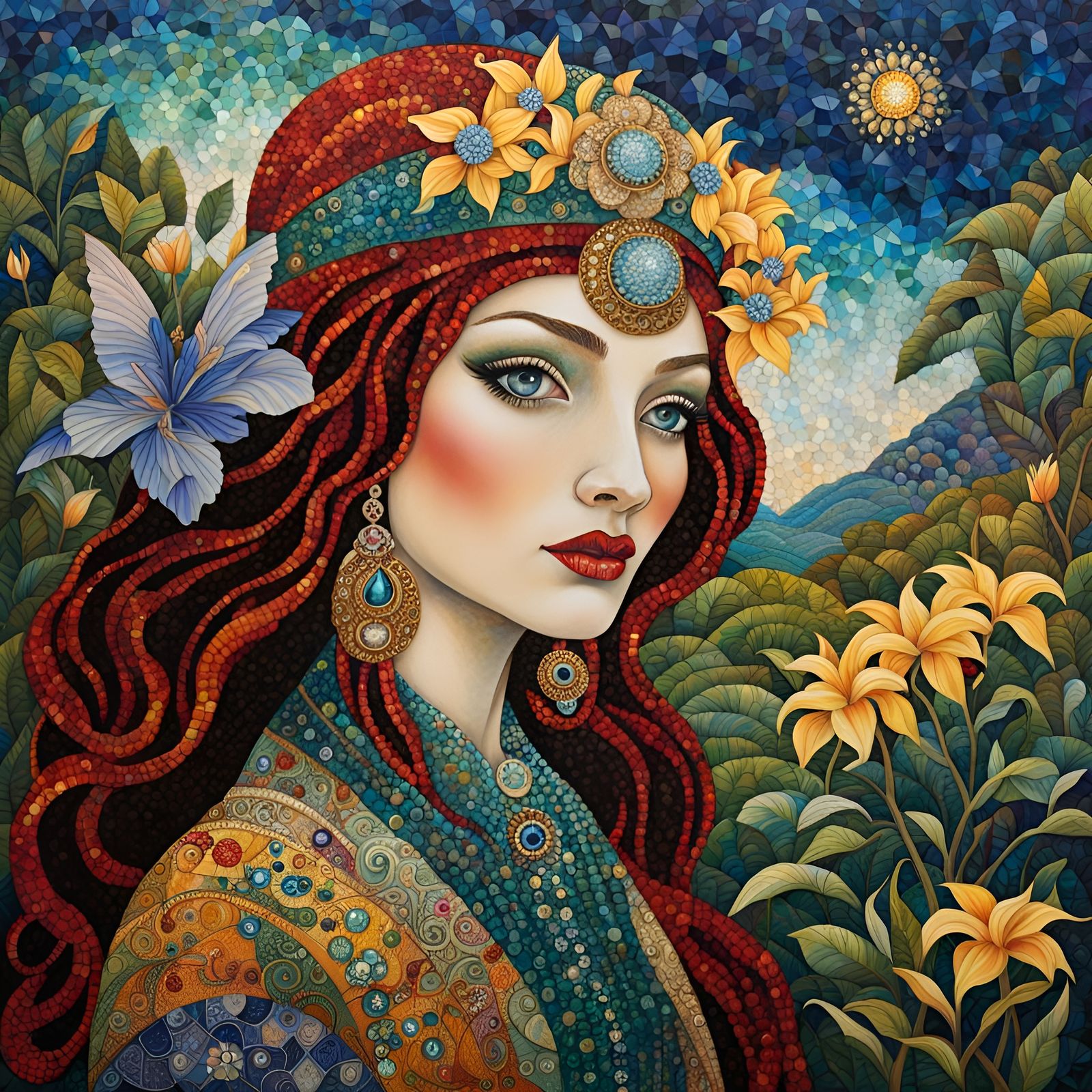 Jeweled Mosaic Portrait in Expressionist Art Deco Style