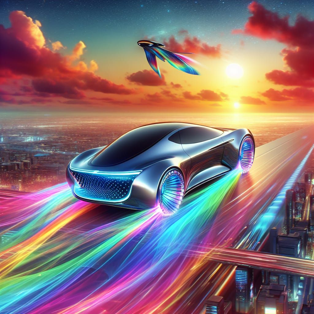 Futuristic Car Flying Through Multicolored Sky