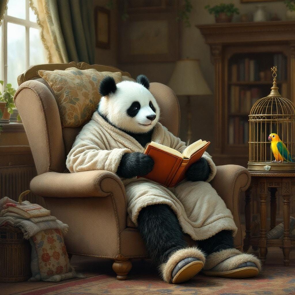 Panda Reading in Cozy Living Room, Storybook Illustration