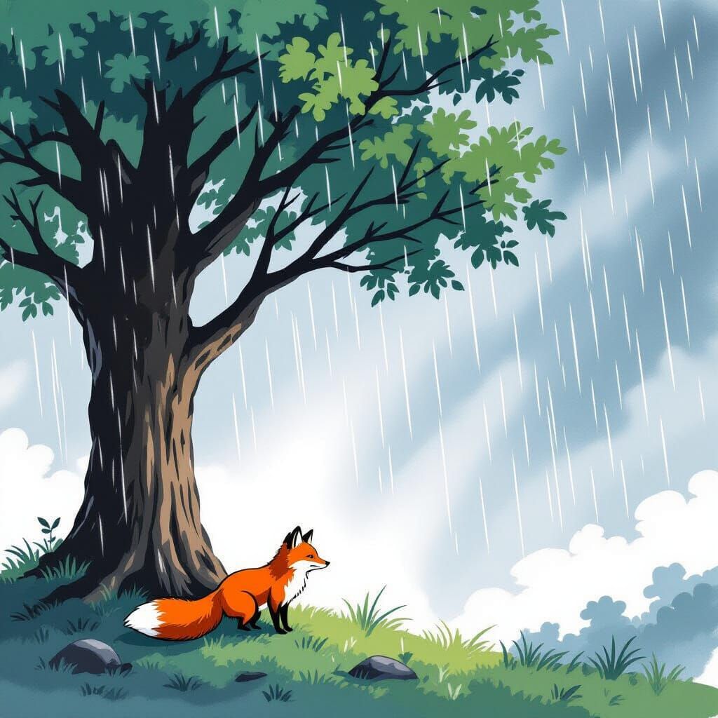 Fox in Storm, Sumi-e Ink Painting