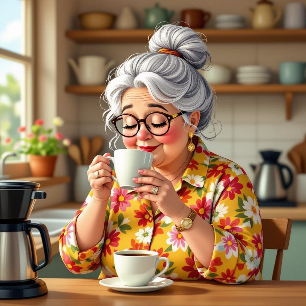 Grandmother Drinking Coffee: Playful Cartoon Art