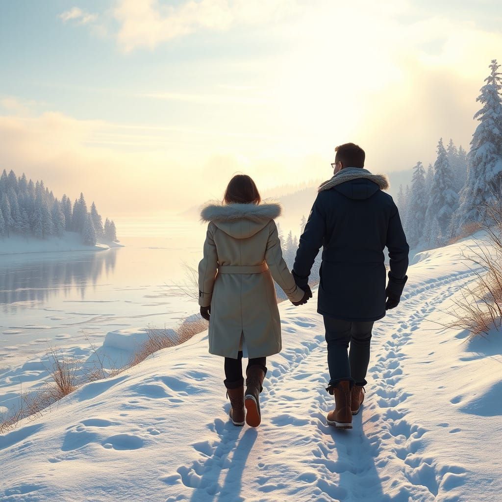Frozen Winter Wonderland Scene with Couple Walking Hand-in-H...