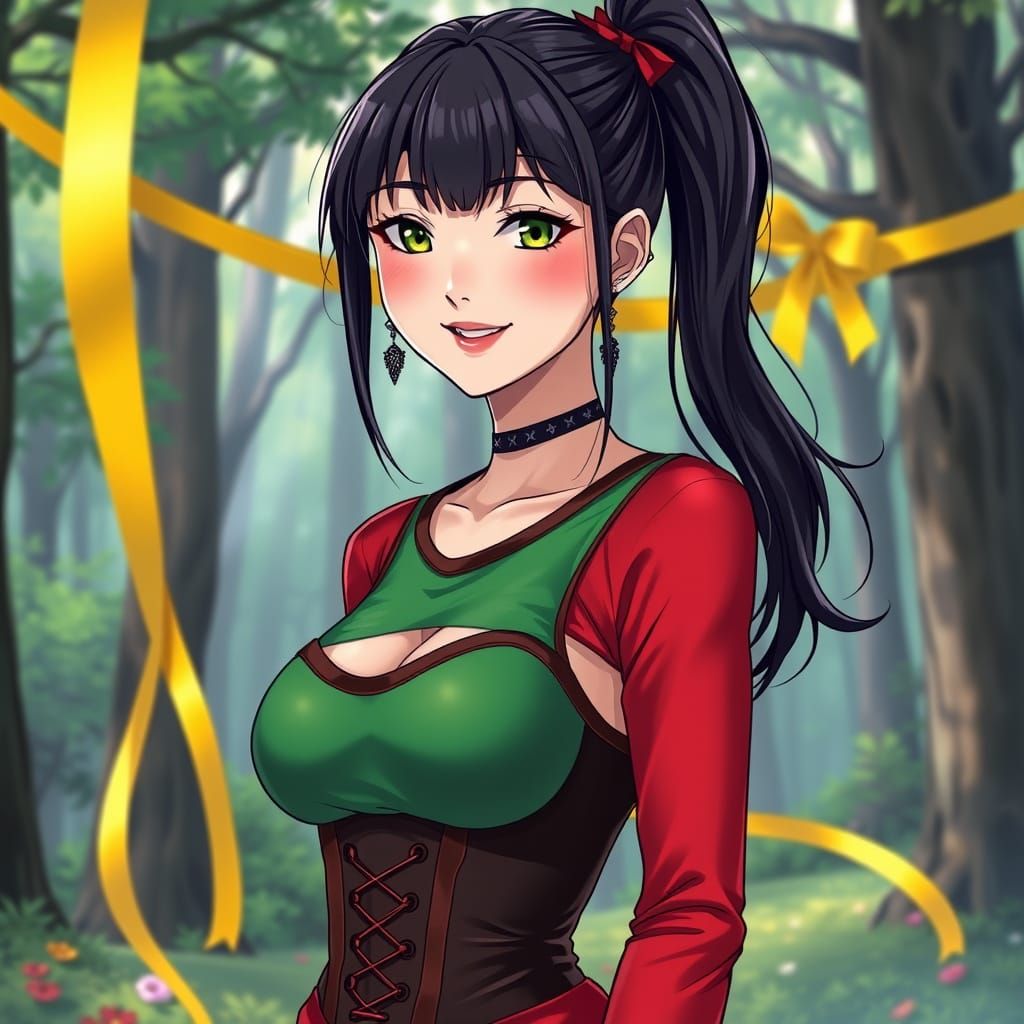 Anime Woman in Green Top and Red Corset