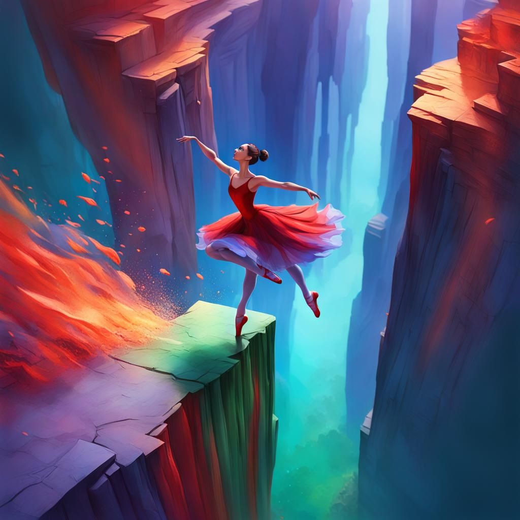 Ballet Dancer Leaps Over Chasm: Vibrant 3D Digital Art