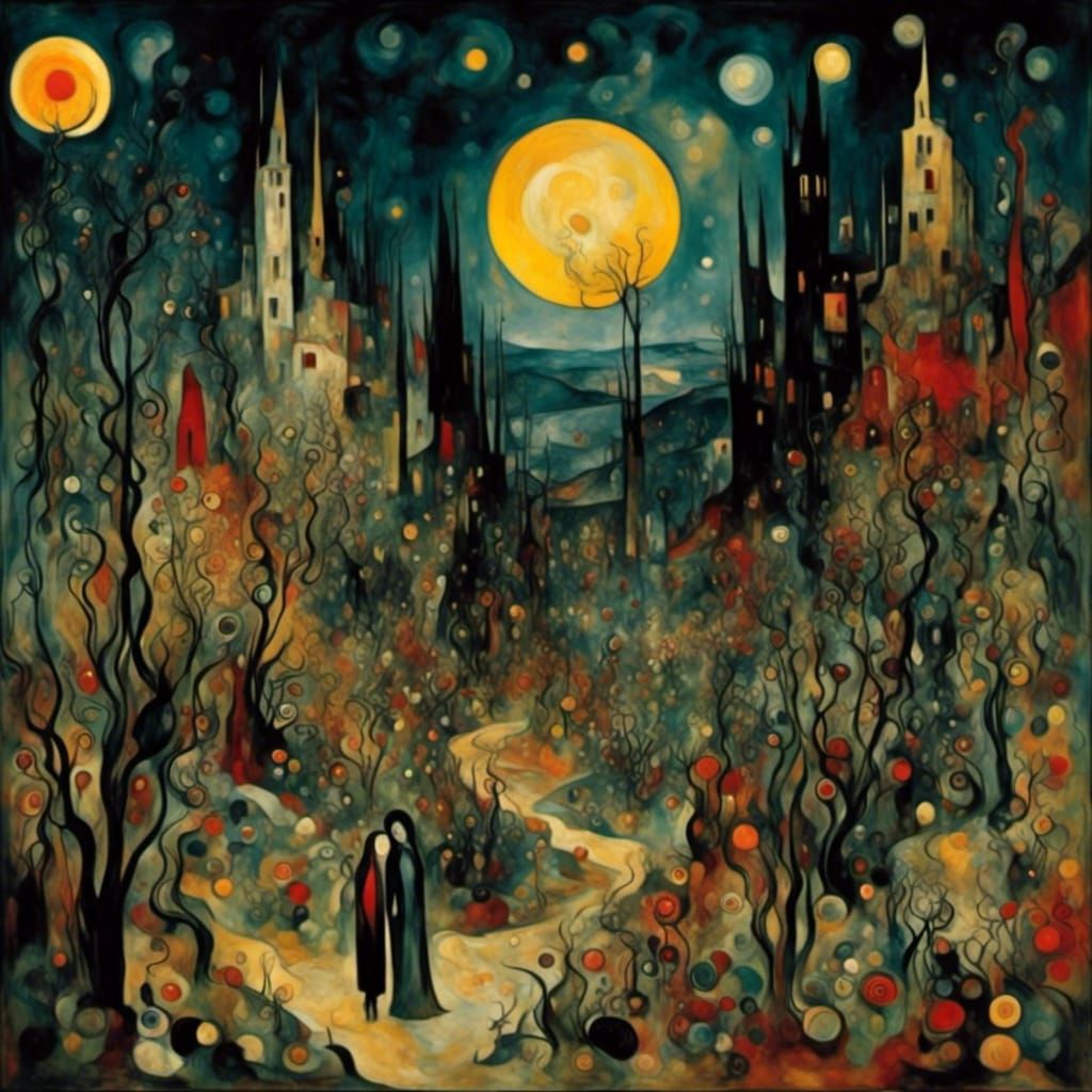 Desert Embrace: Serene Landscape in Klimt-Kandinsky Style