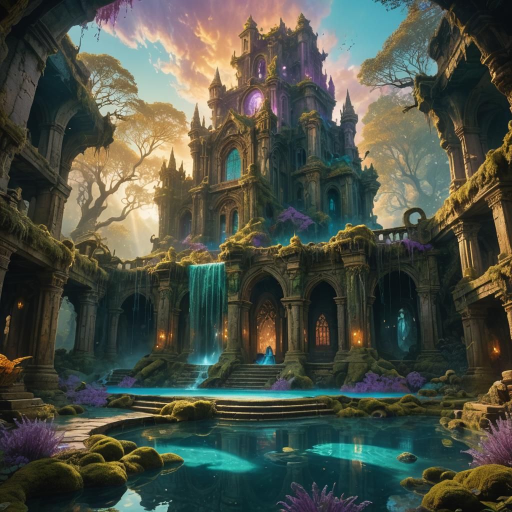 Creature Emerges from Crystal Pool in Fantasy Ruins