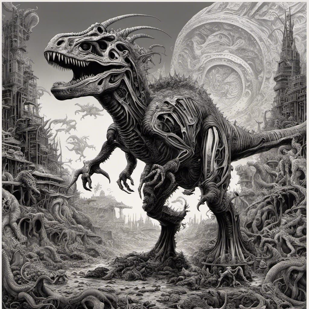 Alien Dinosaur in Black Ink: Surrealist Art