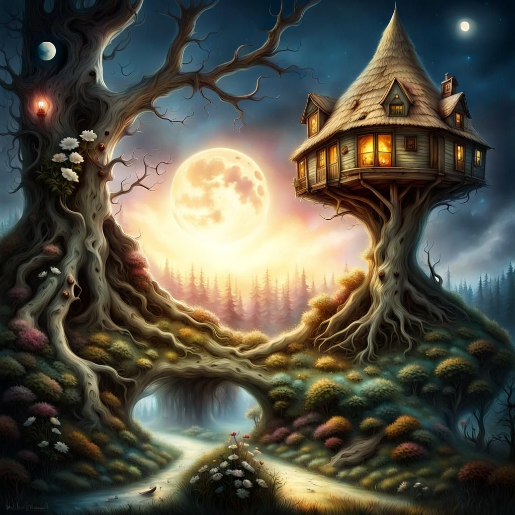Surreal Forest Village Inside Moon's Heart
