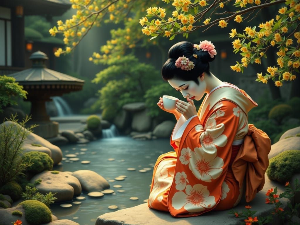 Geisha Enjoys Coffee in Zen Garden, Split-Complementary Colo...