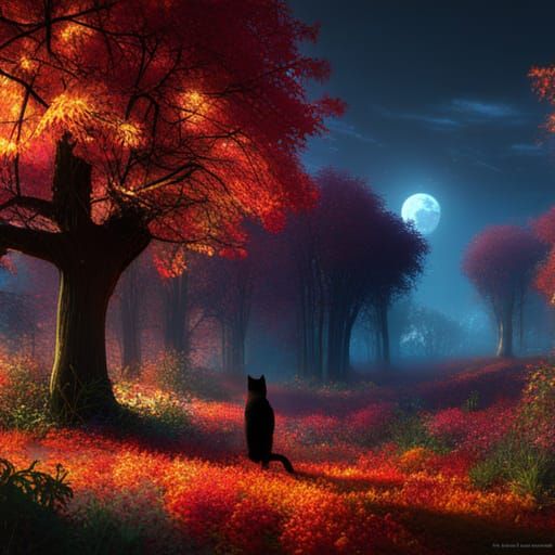 Colorful Autumn Trees with Black Cat