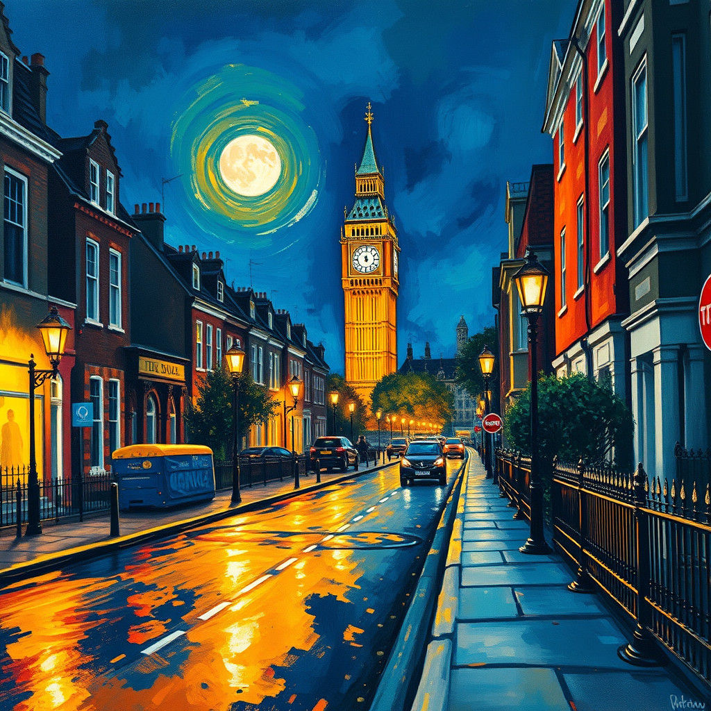 London Midnight Gouache Painting in Impressionist Style