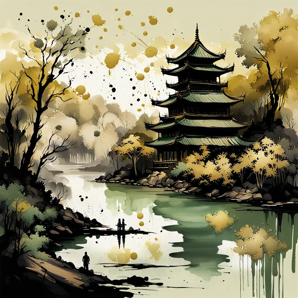 Riverscape Temple in Ink Splatter Art Style