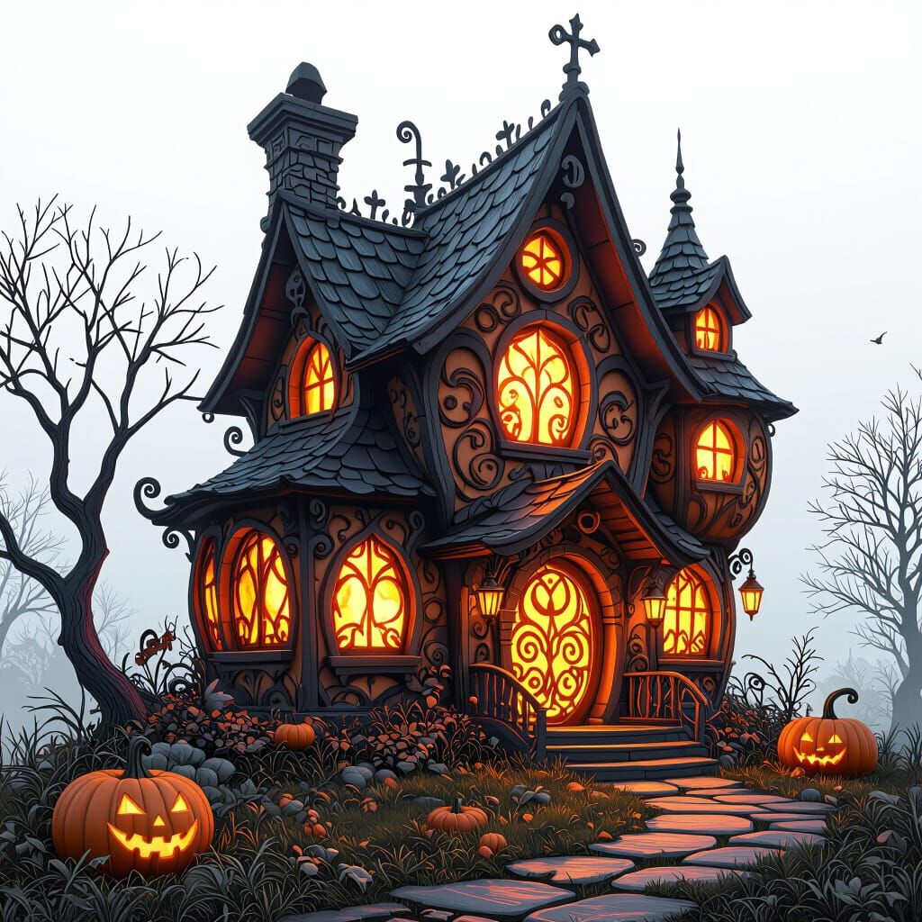 Magic Pumpkin House with Mystical Glow in Digital Art