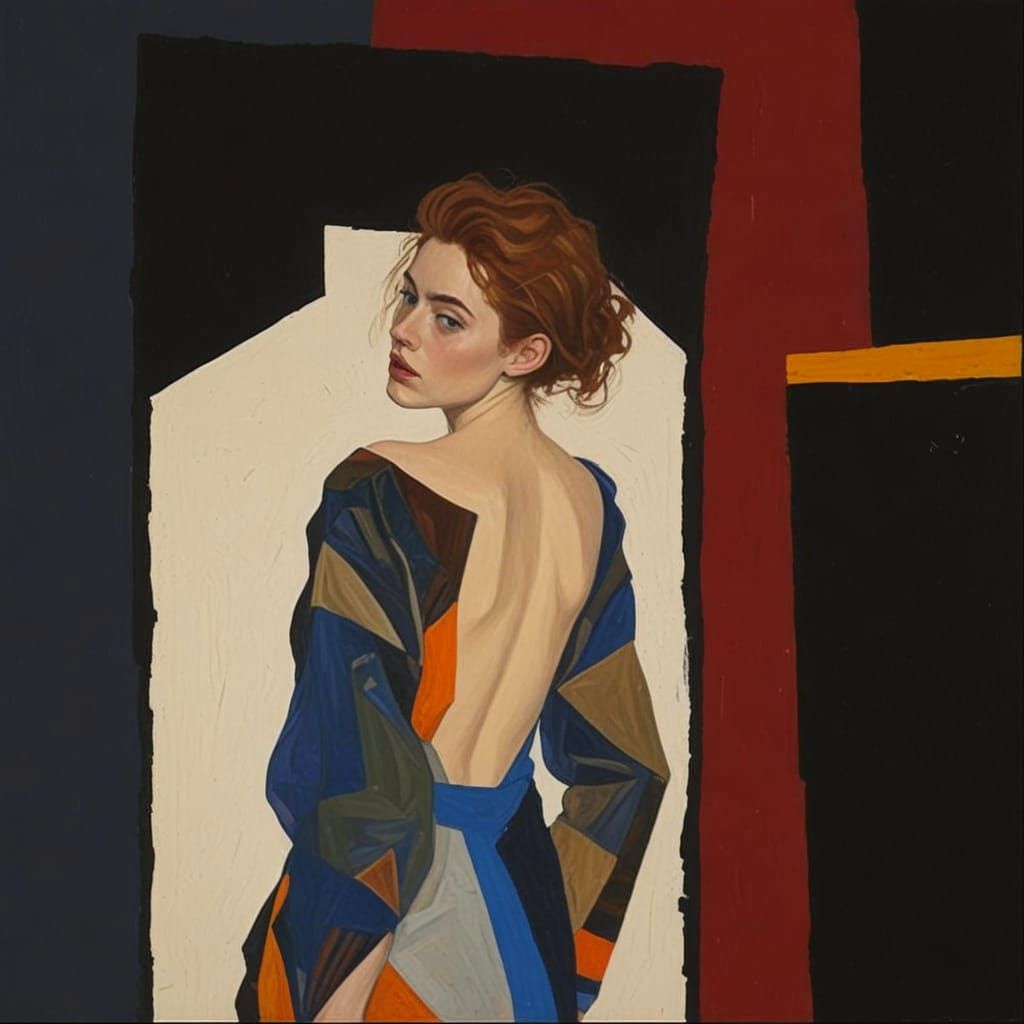 Geometric Dress: Expressionist Portrait in Vivid Colors