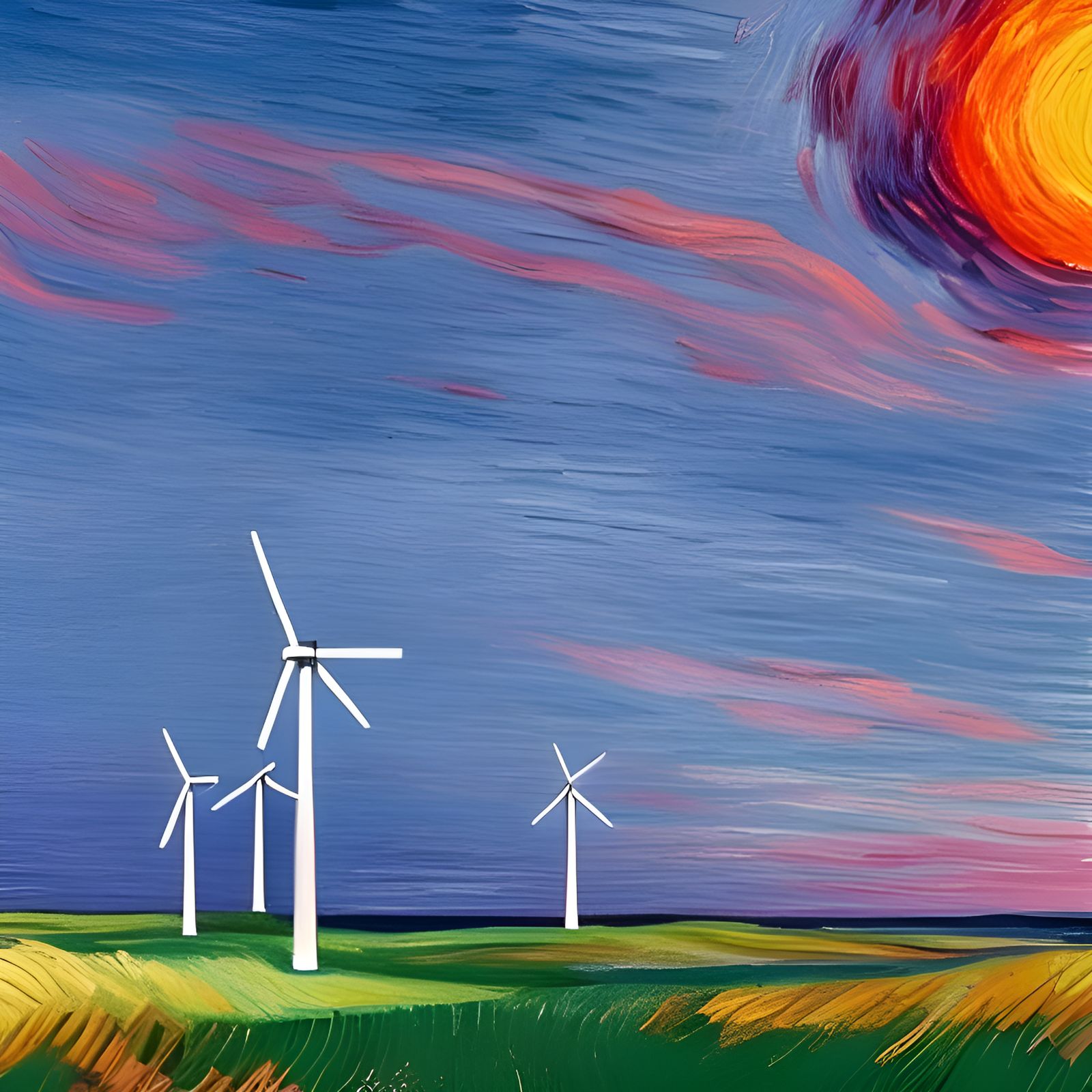 Dramatic Sunset Over Impressionistic Wind Turbines