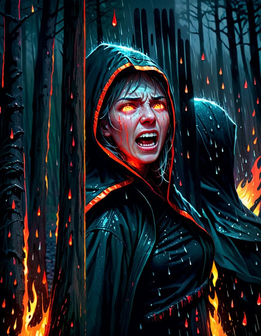 Burning Hooded Figure in Stormy Forest