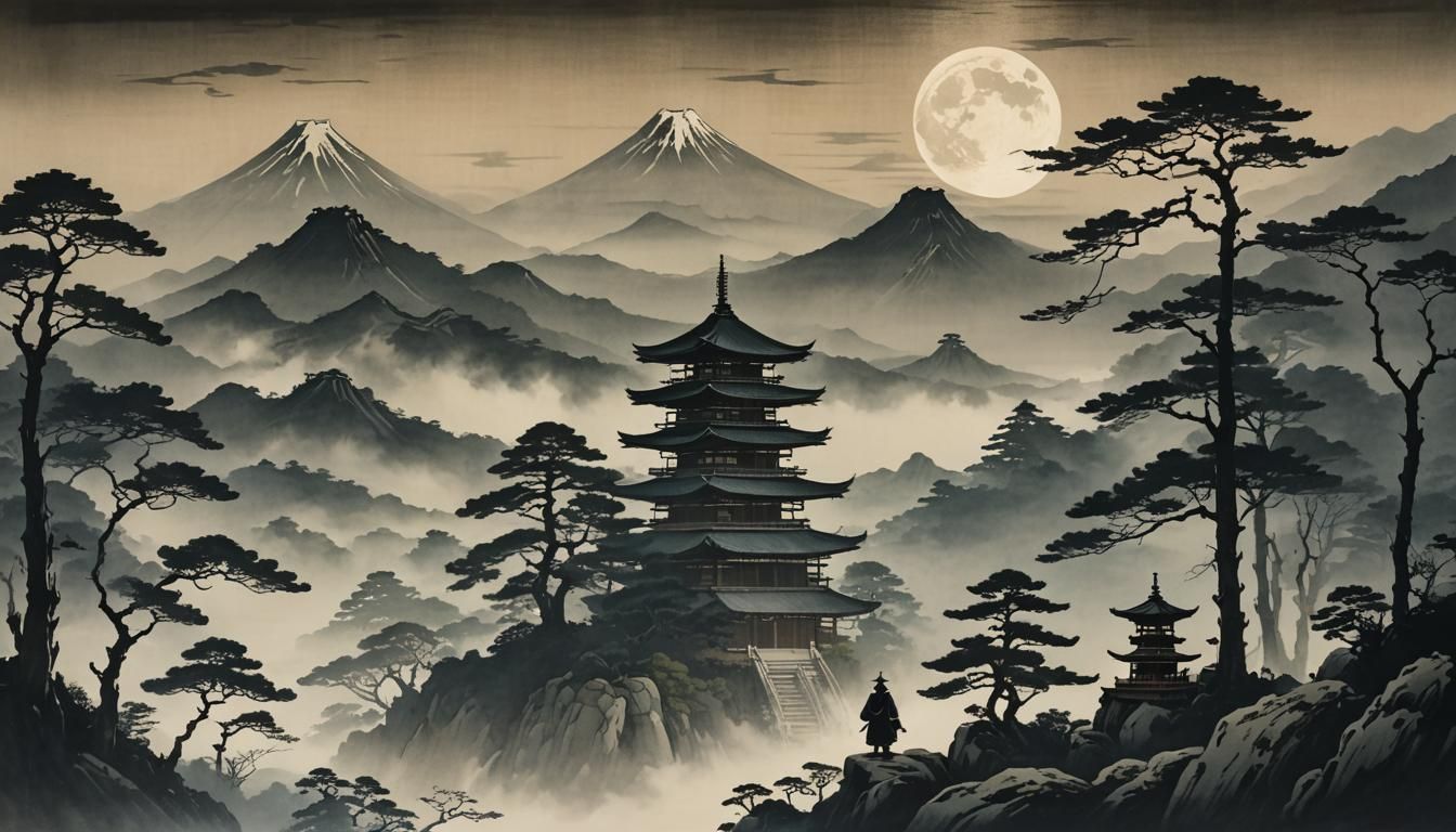 Moonlit Temple Guard: Japanese Ink Landscape