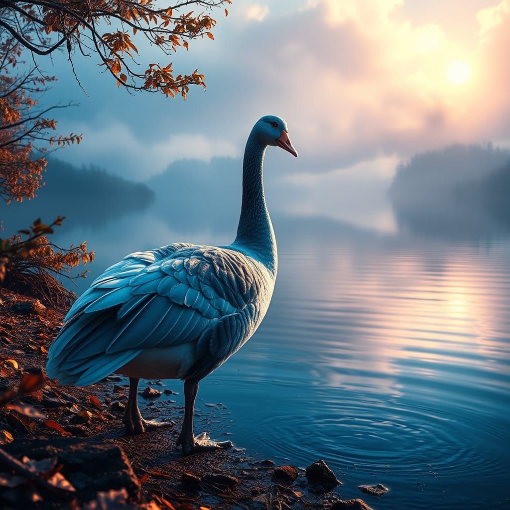 Majestic Goose Gazing at Crystal Lake Reflections in Hyper-R...