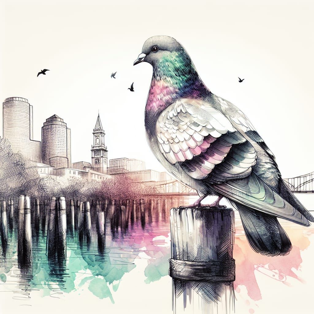 Pigeon in Boston Harbor: Watercolor and Ink Art