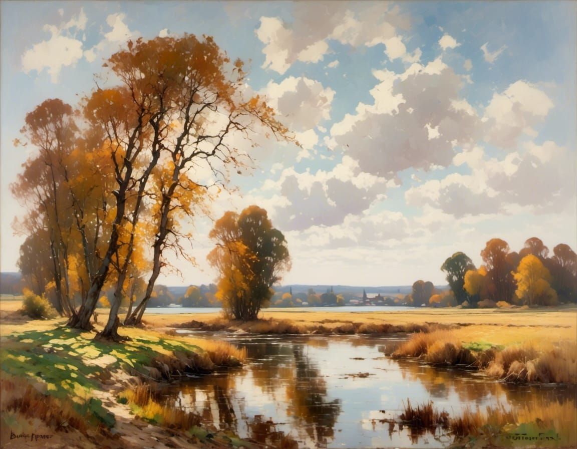 Autumn Landscape with Lake and Blue Sky