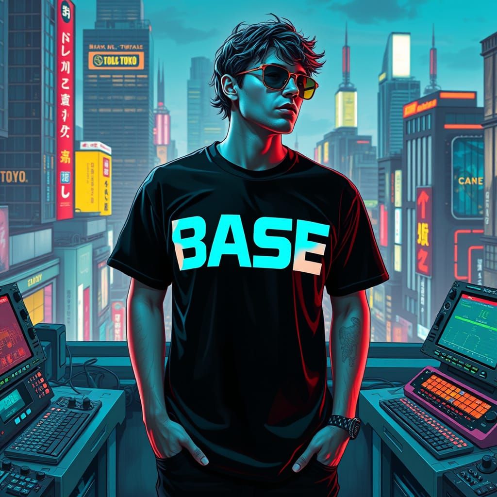 Cyberpunk T-Shirt in Neo-Tokyo Cityscape