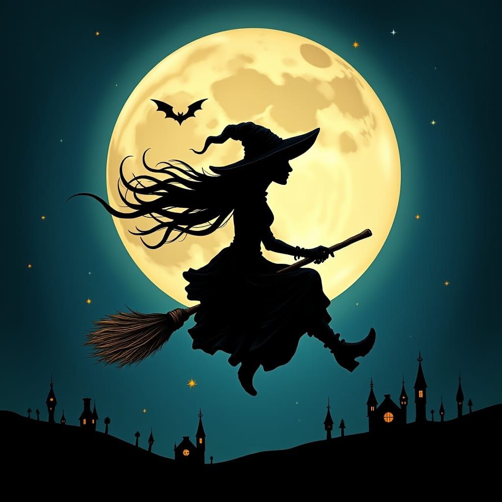 Witch Silhouette Soars Under Full Moon