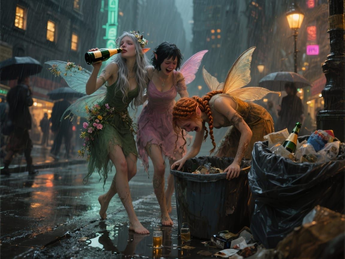 Inebriated Fairies Reveling in Rainy City, Monge Style