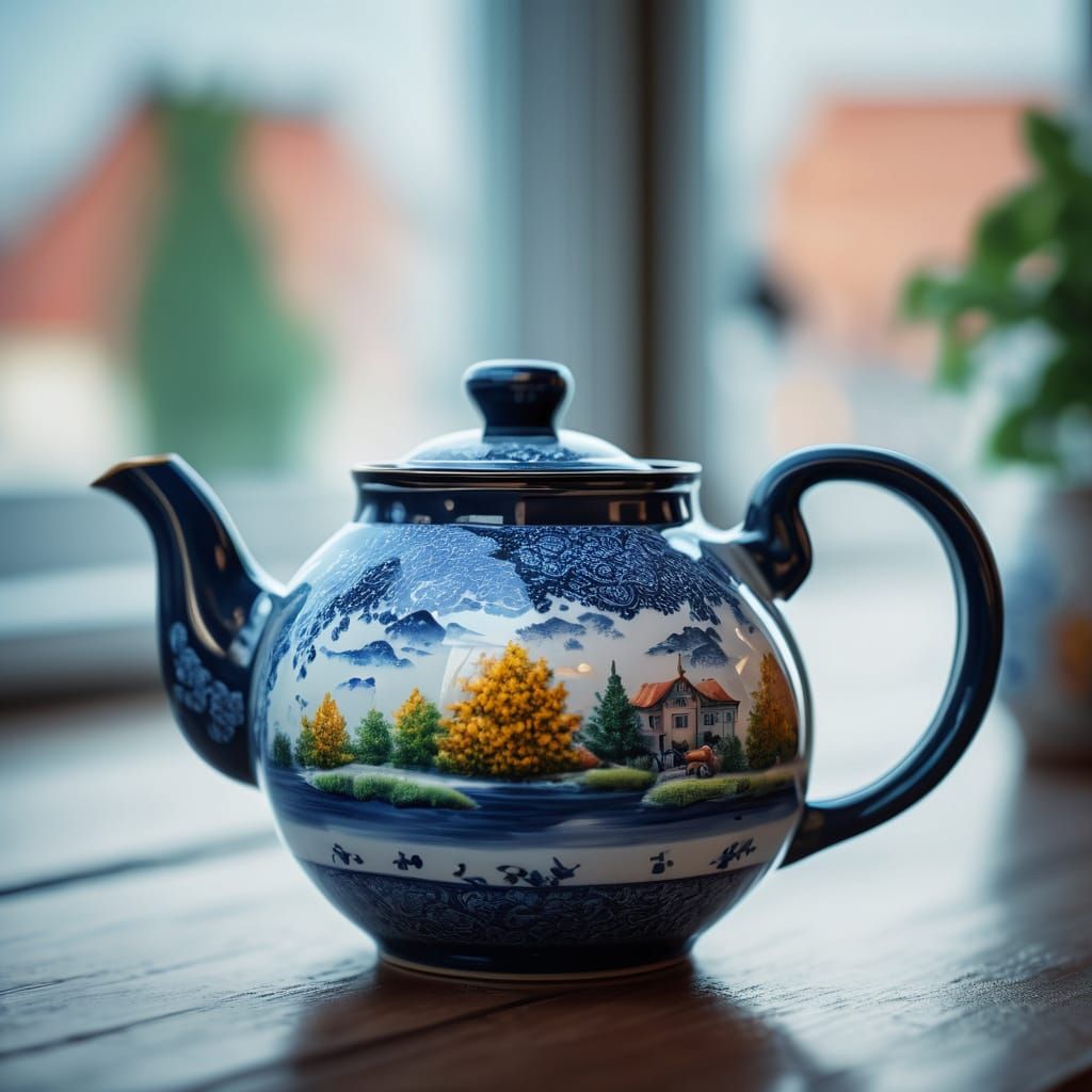 Gzhel Teapot on Windowsill: Hyperrealistic Digital Art