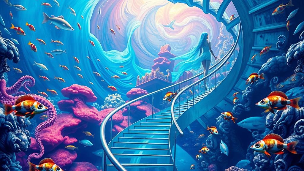 Surreal Dreamscape: Woman Ascending Futuristic Staircase