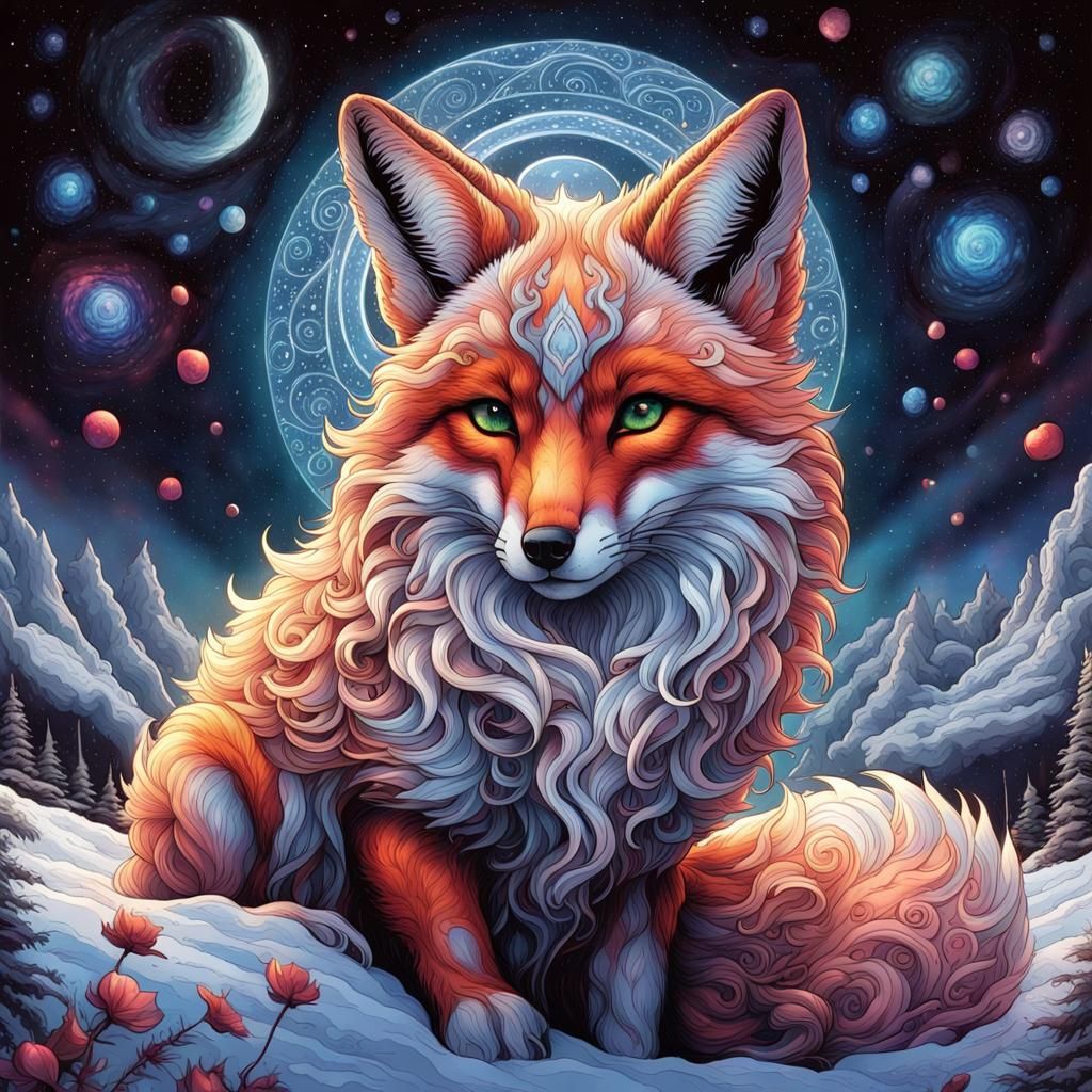 Cosmic Fox with Spiraling Horns in Gouache Style