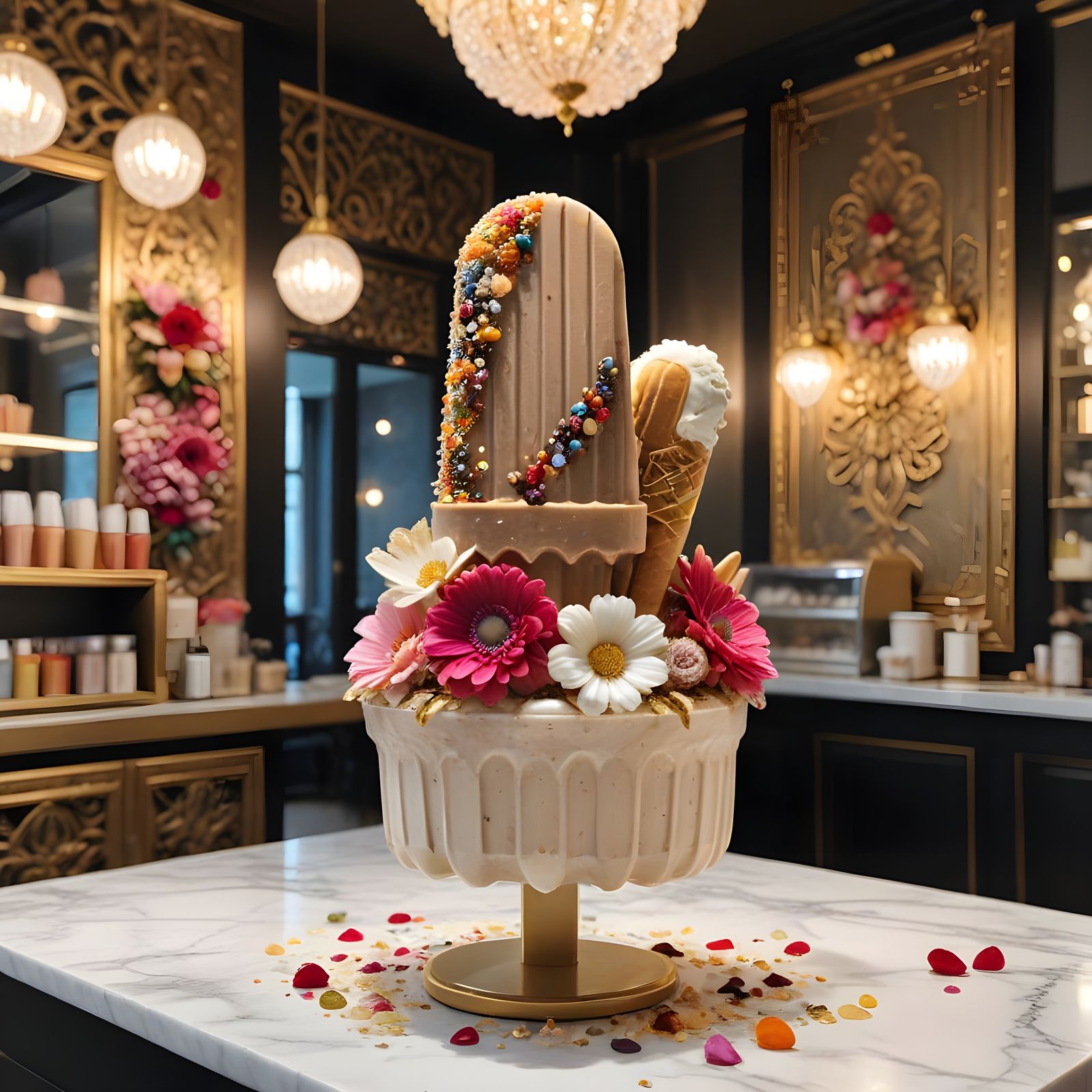 Ornate Bejeweled Popsicle with Flowers in Ice Cream Salon