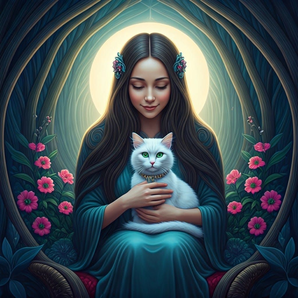 Whimsical Goddess Tends to Majestic Feline Companion in Drea...