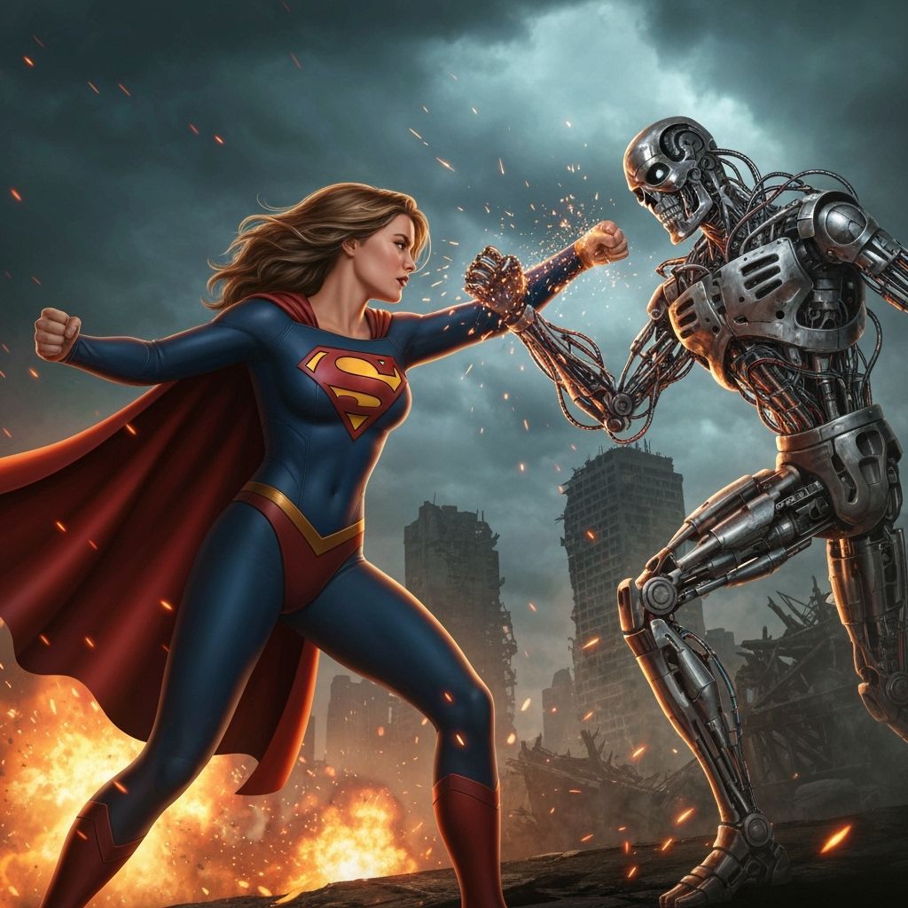 Supergirl Battles Terminator in Ruined Cityscape Concept Art