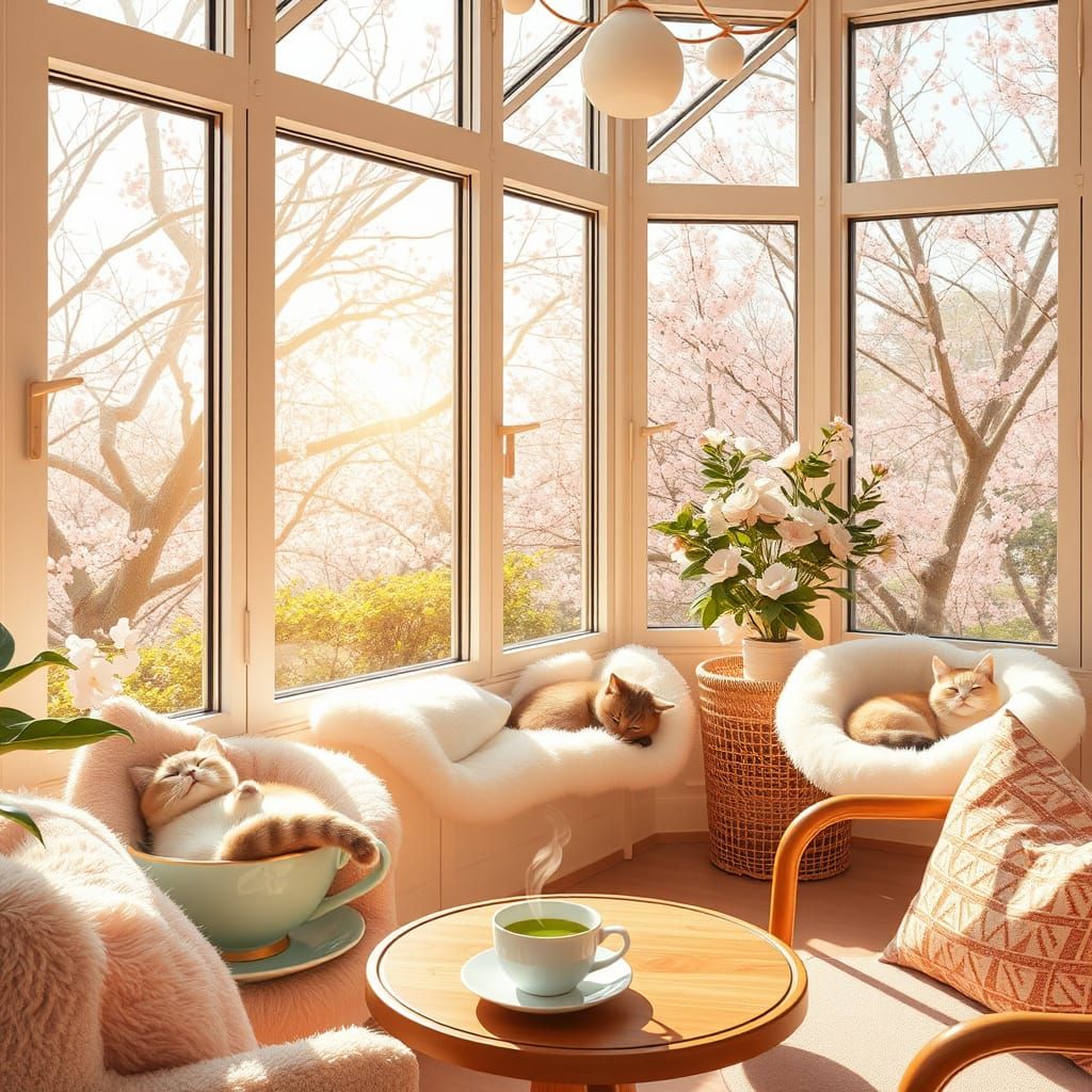 Whimsical Sunlit Cat Café in Pastel Hues
