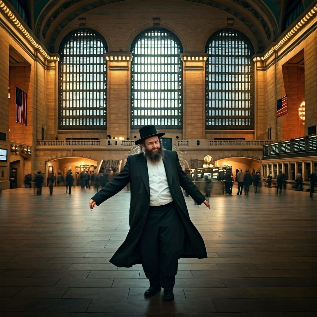 Chasidic Rabbi Dances in Grand Central, Hyperrealistic HDR