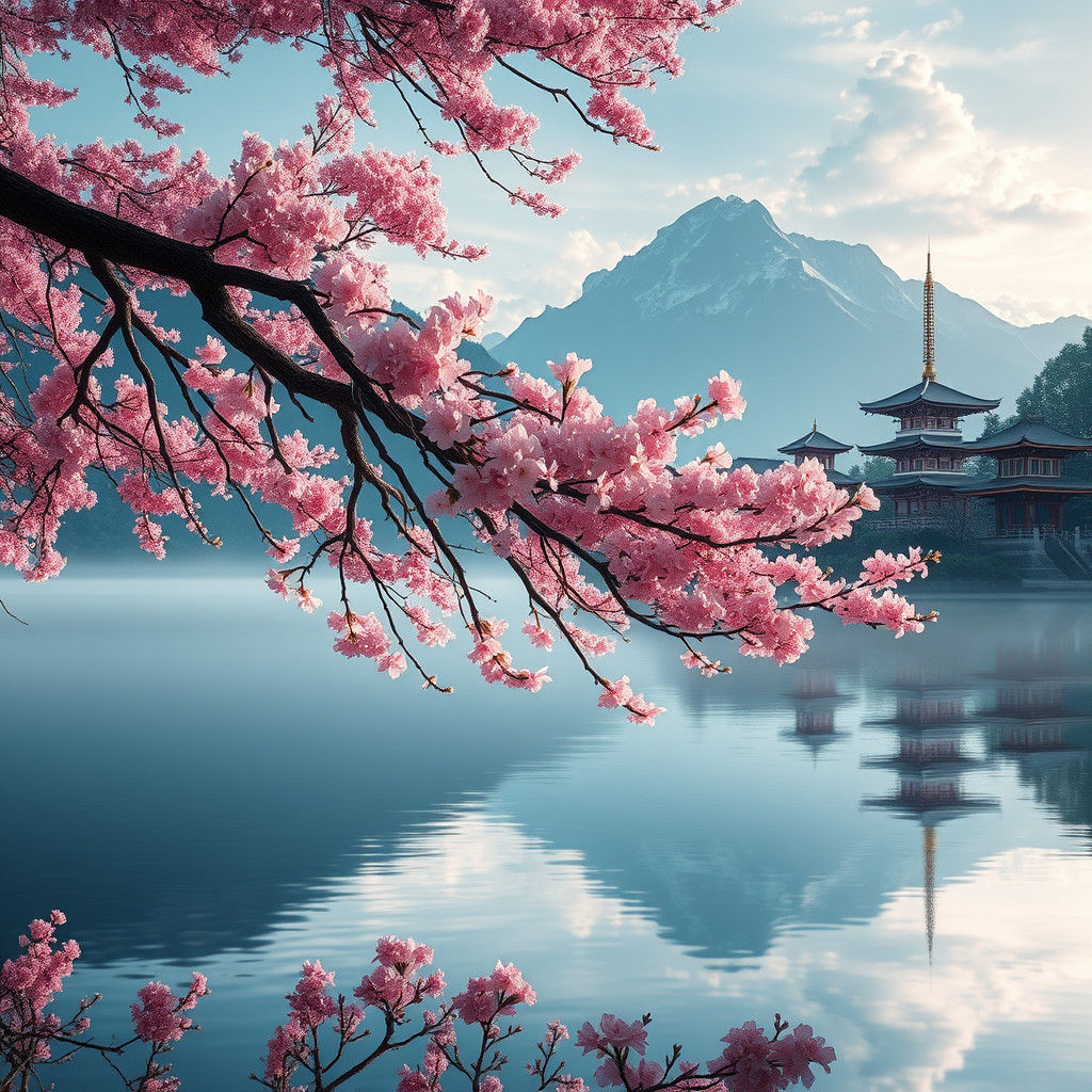 Sakura Tree Reflected on Lake: Matte Painting