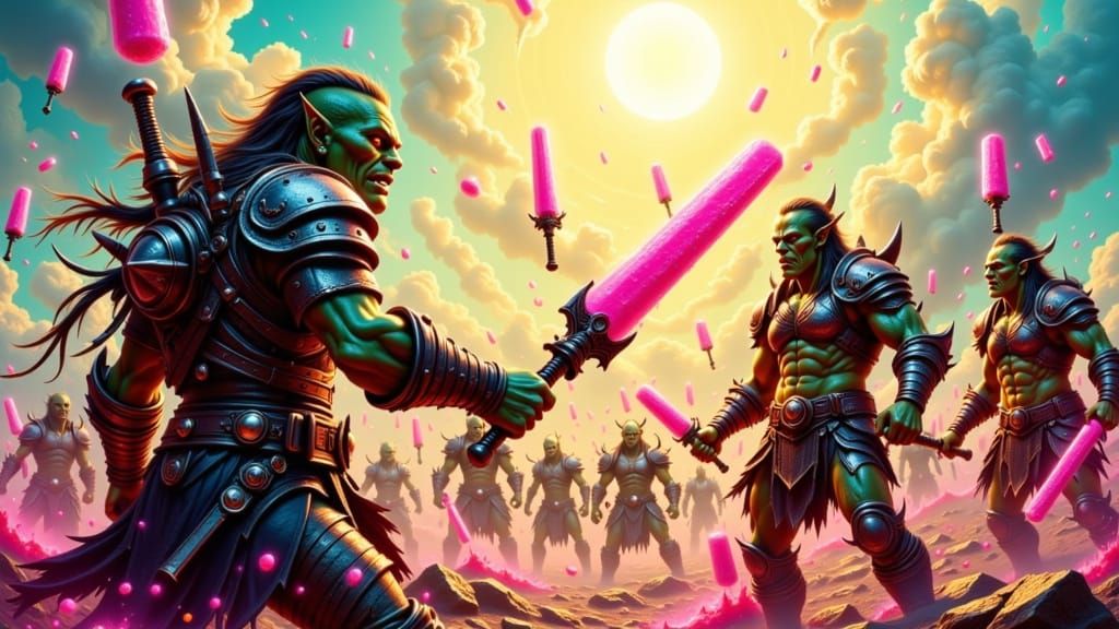 Glowing Acrylic Orcs Battle with Melting Neon-Popsicle-Sword...