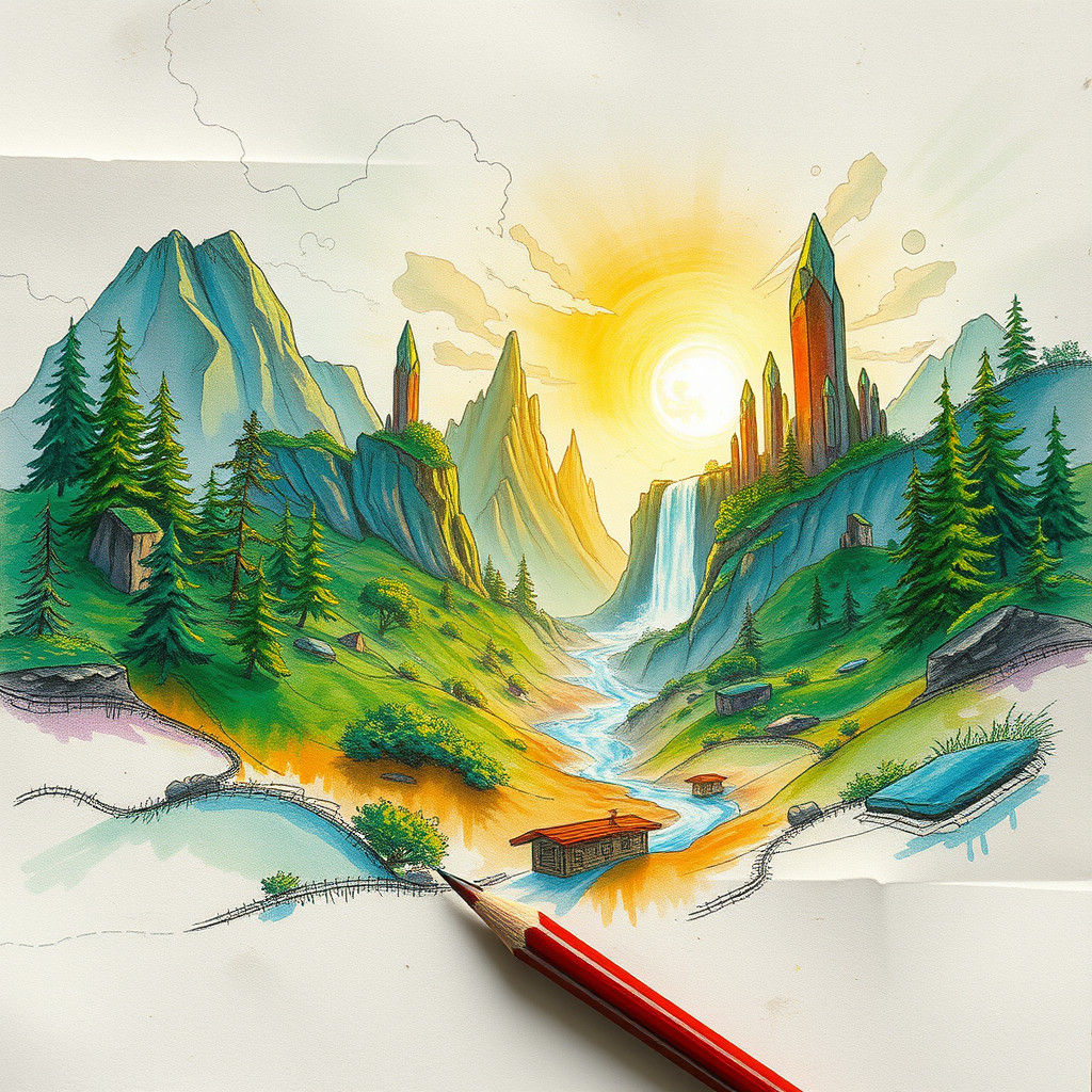Mystical Realm: A Whimsical Fantasy Landscape Drawing