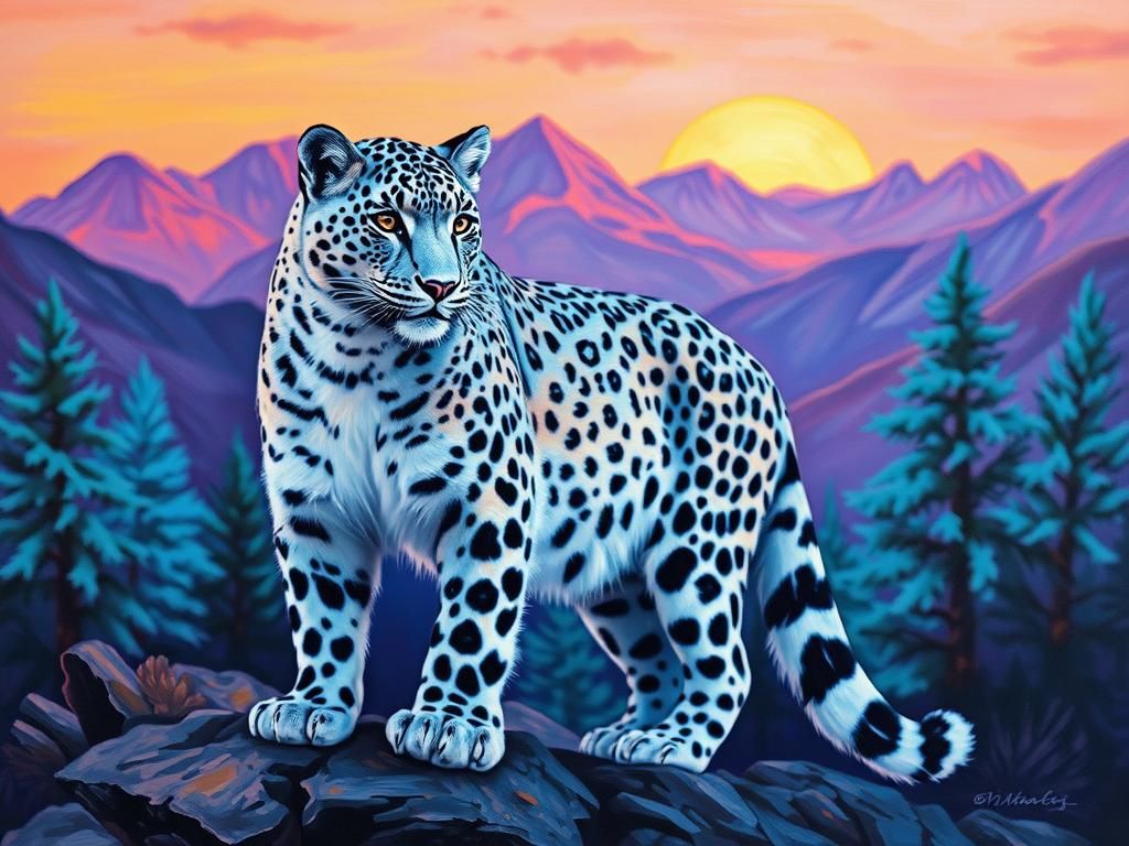 Snow Leopard at Dawn in Klimt-Inspired Style