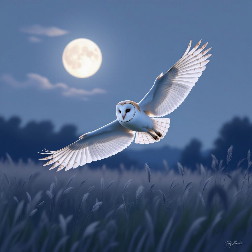 Barn Owl Glides Over Moonlit Meadow in Dreamlike Style