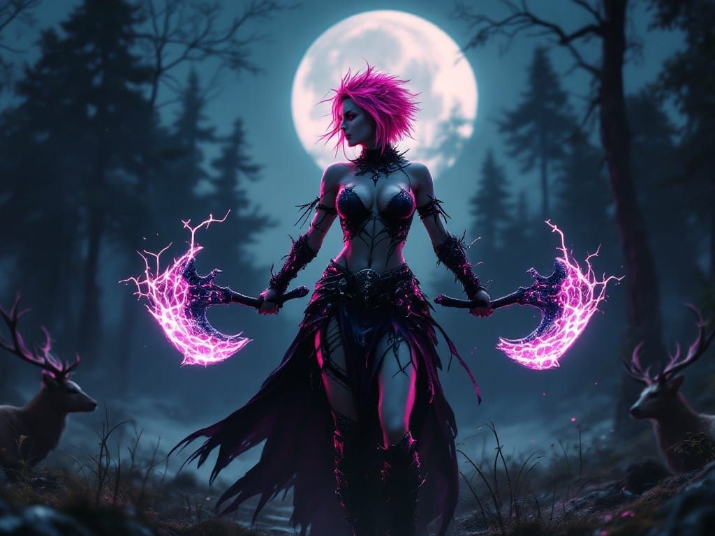 Gothic Warrior Goddess with Neon Pink Hair and Glowing Axes