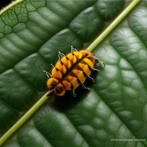 Macro lens. Underlighting. A woolly bear caterpillar on a broad leaf.