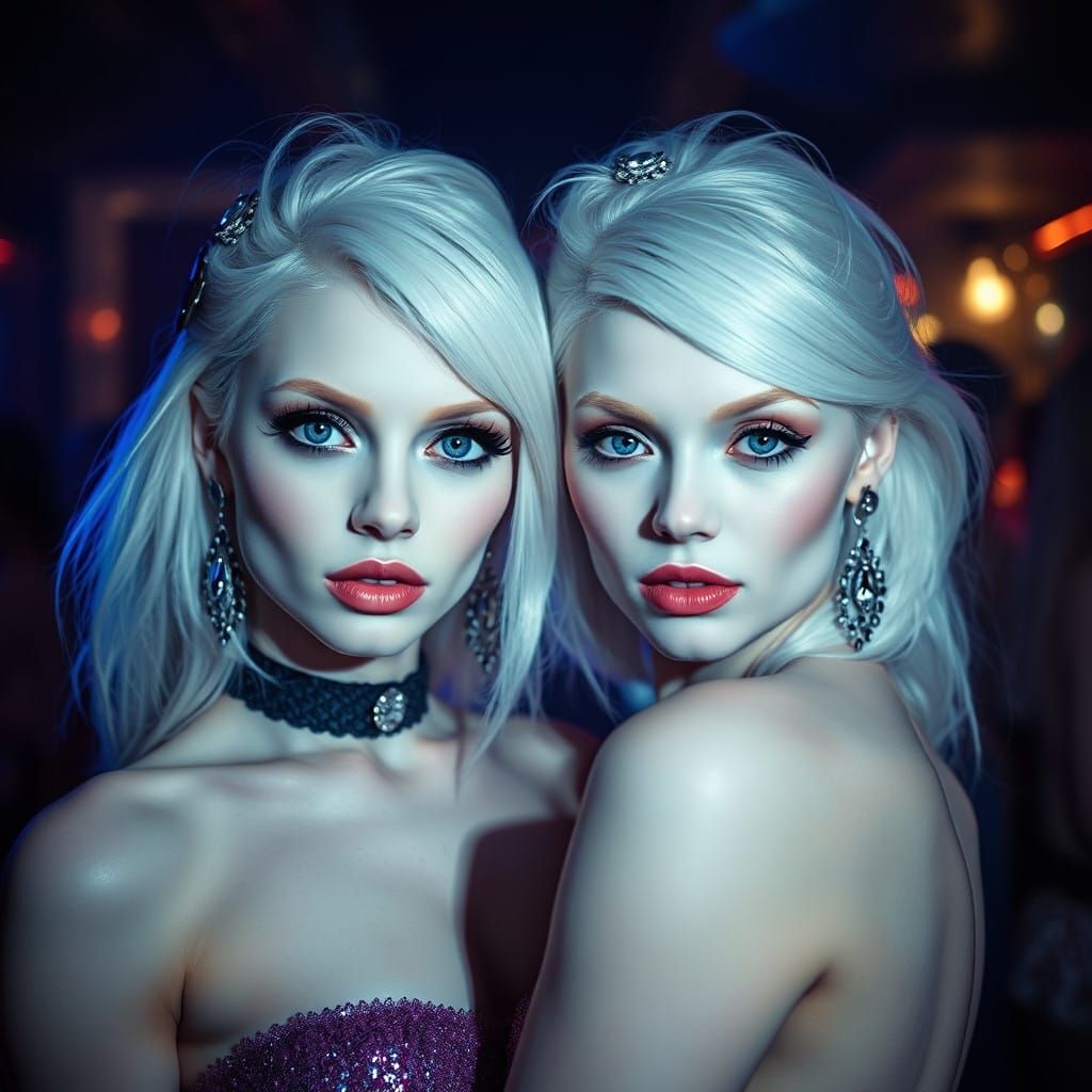 Glamorous Albino Twin Sisters Shine in Icy Blue Nightclub Li...