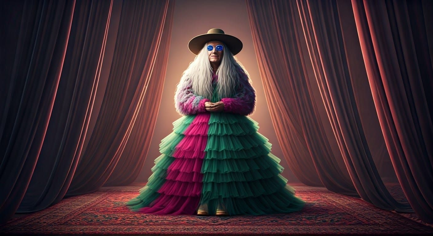 Surreal Elderly Man in Colorful Tulle Dress