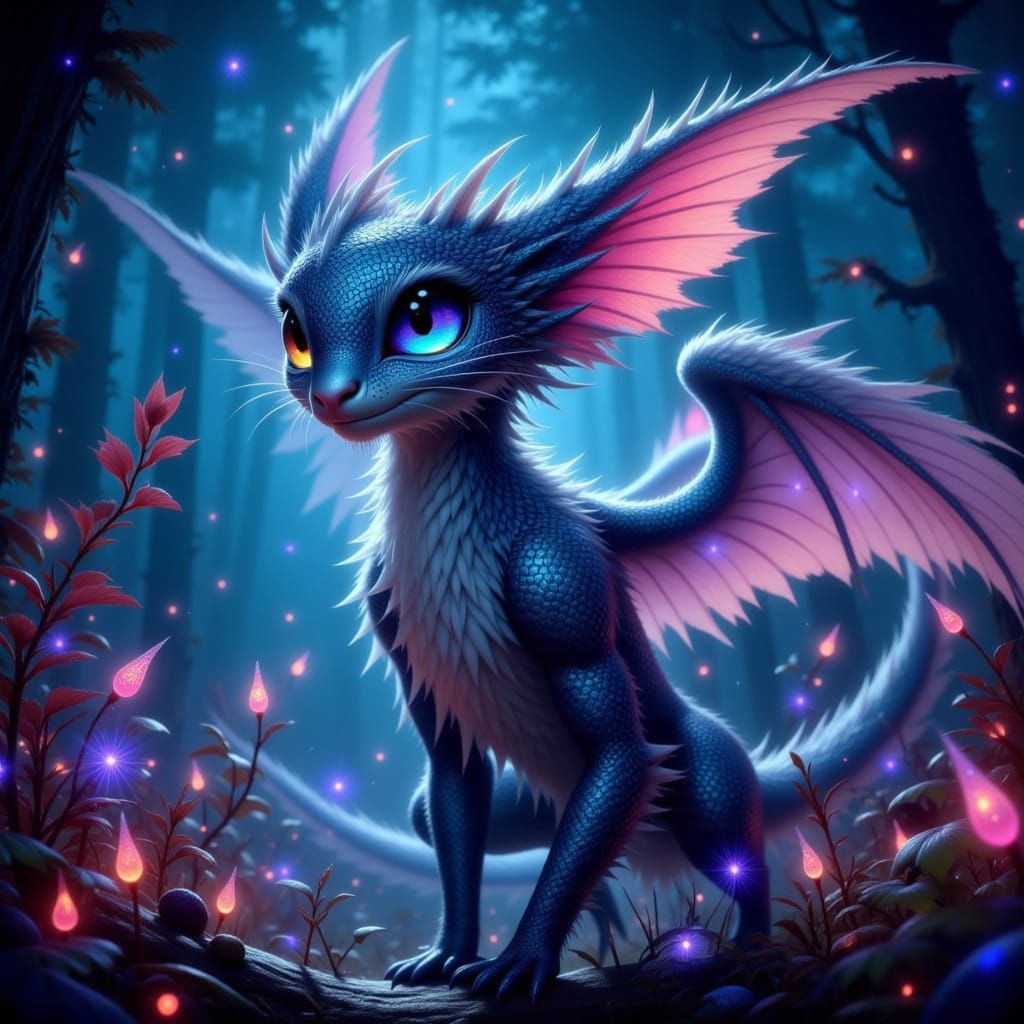 Fantastical Creature in Bioluminescent Forest Digital Painti...