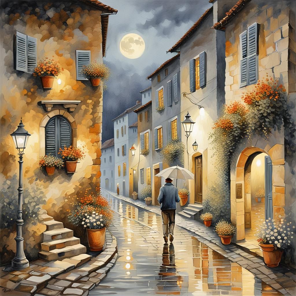 Rainy Nightscape: Man Walks Home in 17th Century Village