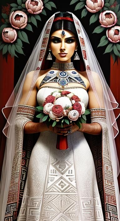 Aztec Antique Wedding Dress with Geometric Peonies