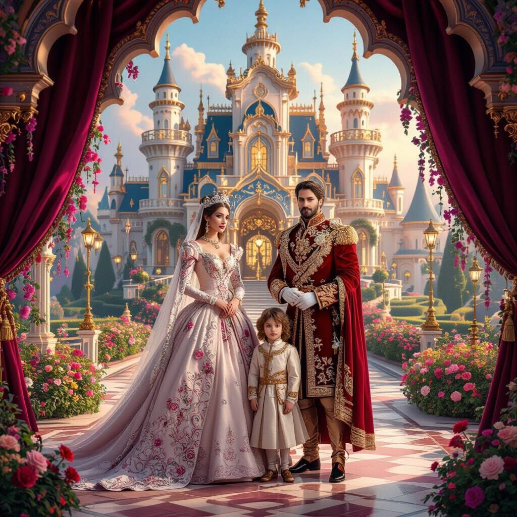 Fairytale Heart Palace with Regal Couple and Children
