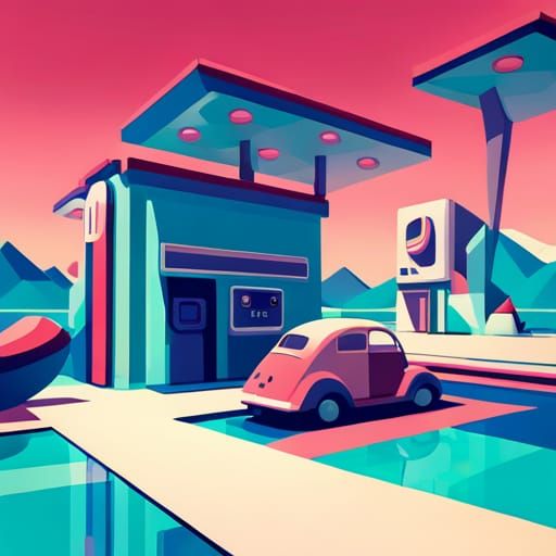 Retro Gas Station on Mars in Cubist Style