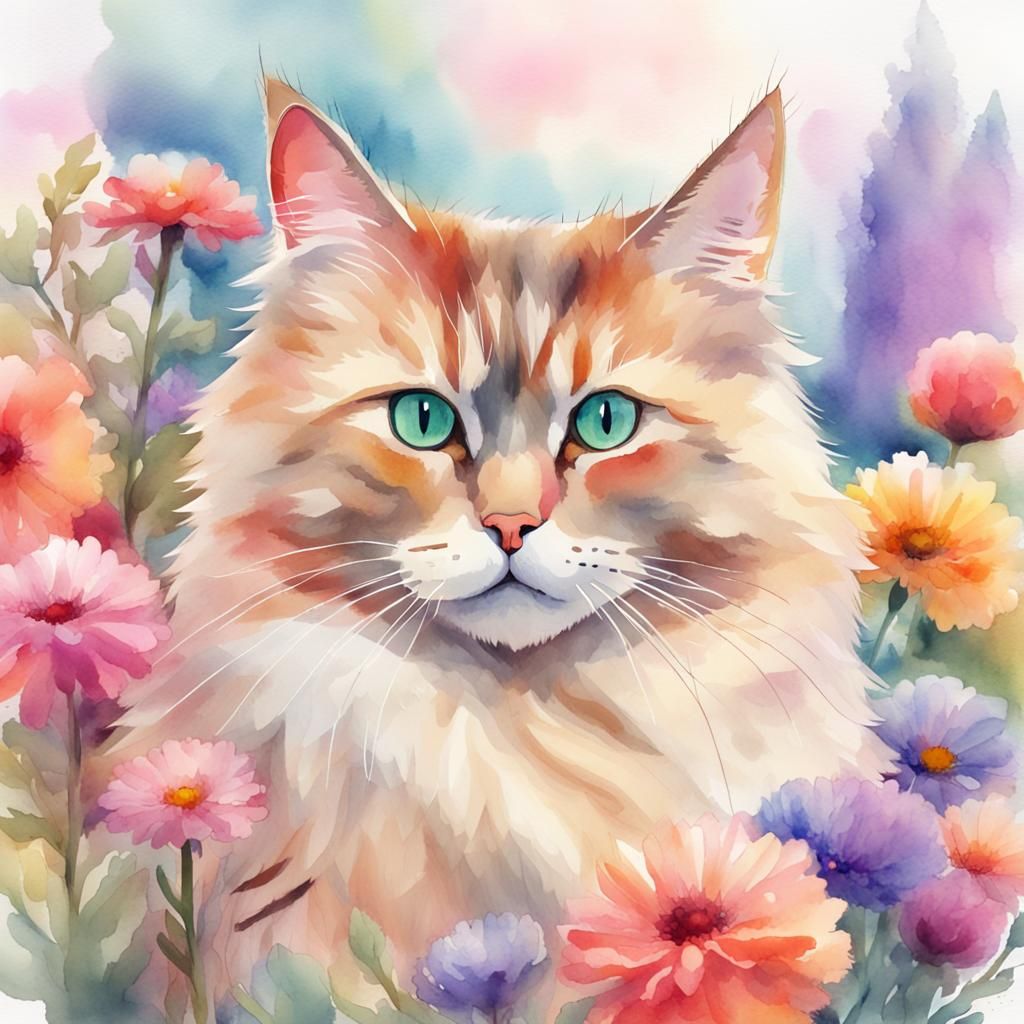 Watercolor Cat with Multicolored Floral Background